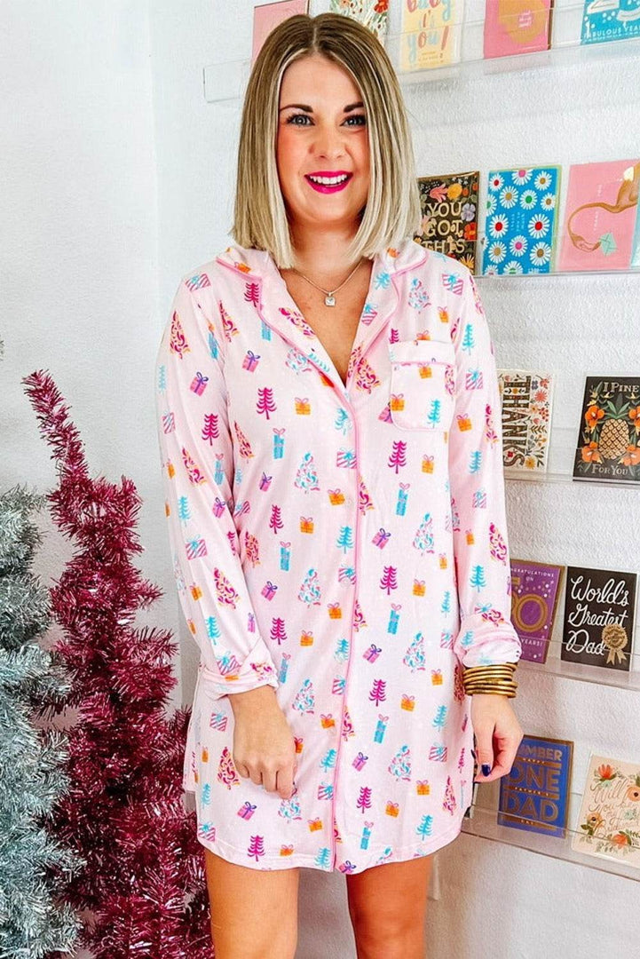 Pink Christmas Twinkle Tree Print Shirt Sleep Dress - Fashion Queen -  6