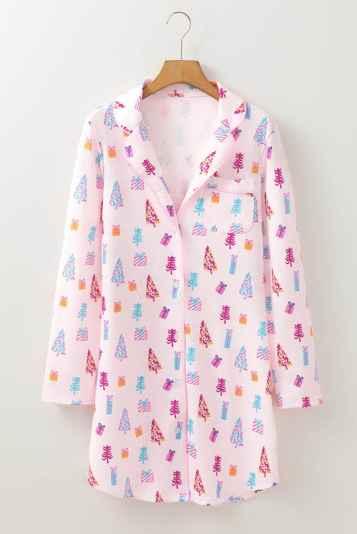 Pink Christmas Twinkle Tree Print Shirt Sleep Dress - Fashion Queen -  7