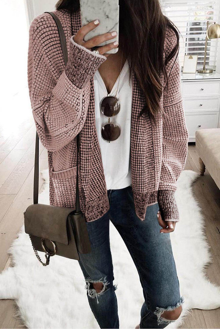 Pink Chunky Waffle Knit Oversized Collar Cardigan - Fashion Queen -  1