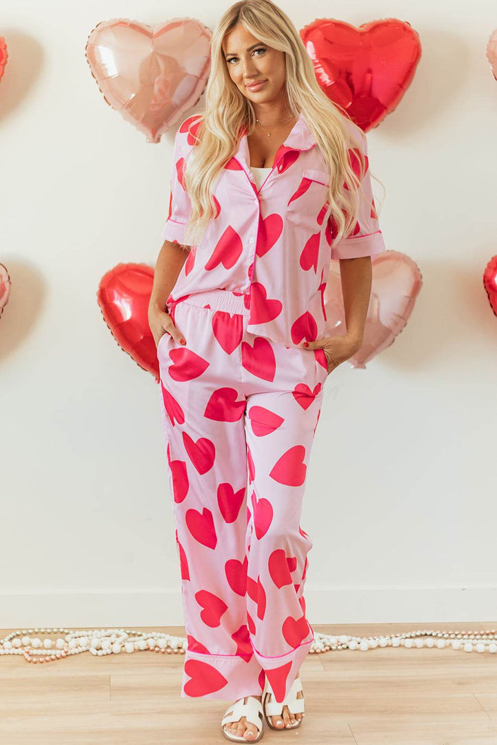 Pink Classic Heart Valentines Short Sleeve Pants Pajamas Set - Fashion Queen -  1