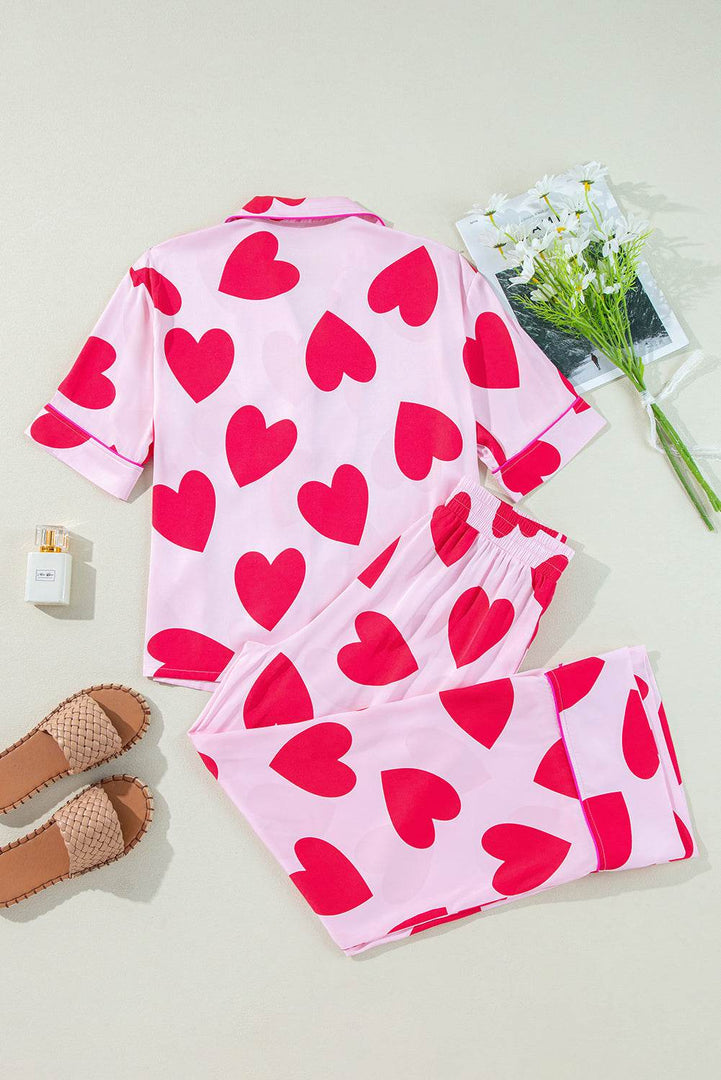 Pink Classic Heart Valentines Short Sleeve Pants Pajamas Set - Fashion Queen -  10