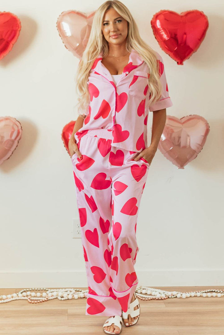 Pink Classic Heart Valentines Short Sleeve Pants Pajamas Set - Fashion Queen -  4