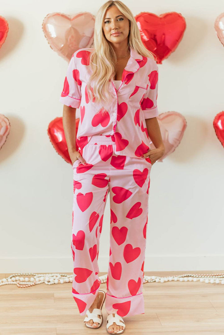 Pink Classic Heart Valentines Short Sleeve Pants Pajamas Set - Fashion Queen -  7