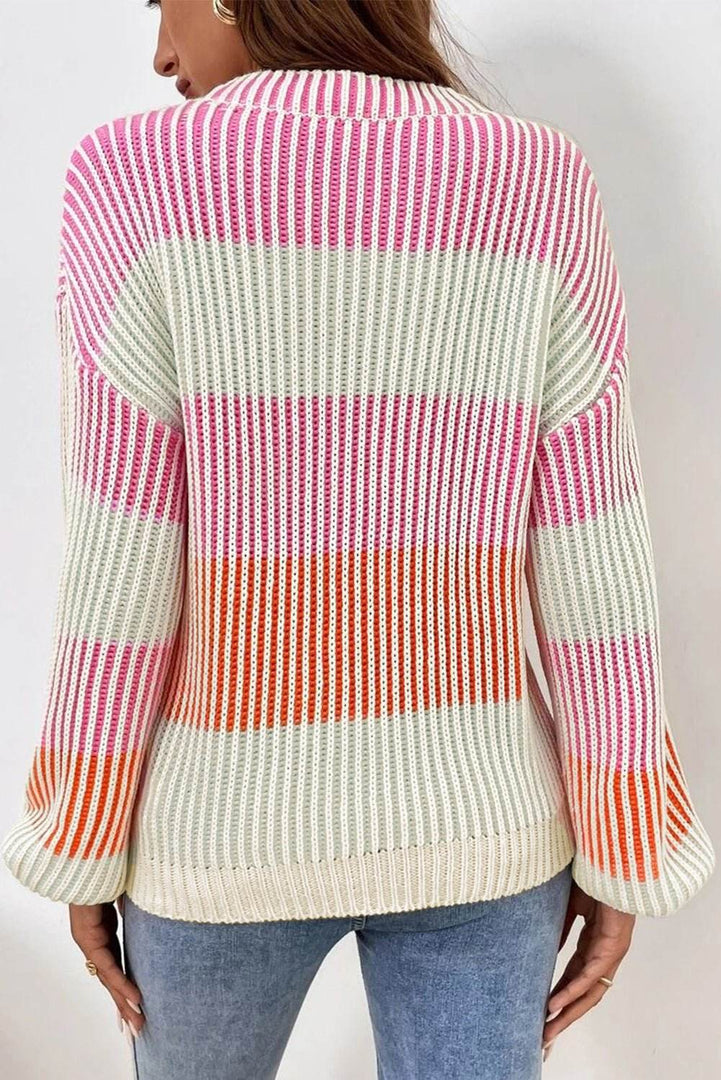 Pink Colorblock Textured Knit Bubble Sleeve Sweater - Fashion Queen -  2
