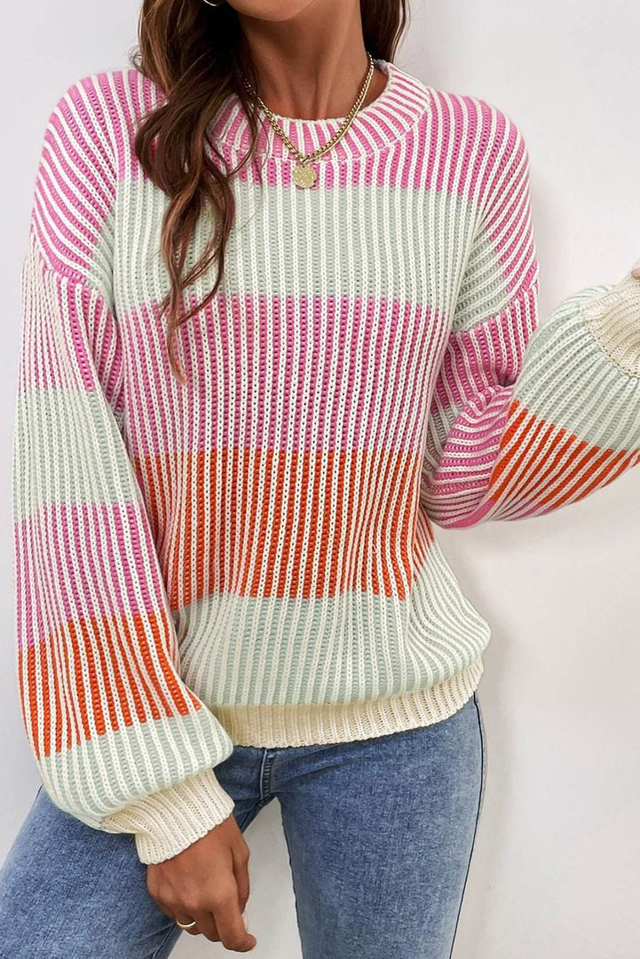 Pink Colorblock Textured Knit Bubble Sleeve Sweater - Fashion Queen -  3