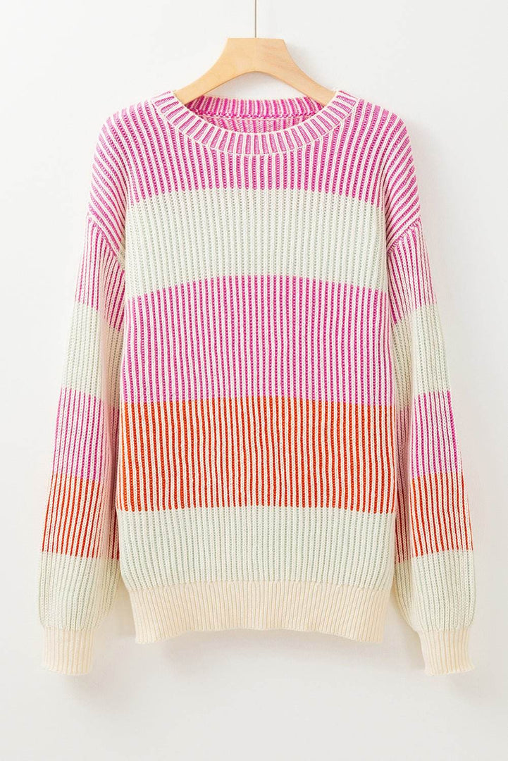 Pink Colorblock Textured Knit Bubble Sleeve Sweater - Fashion Queen -  5