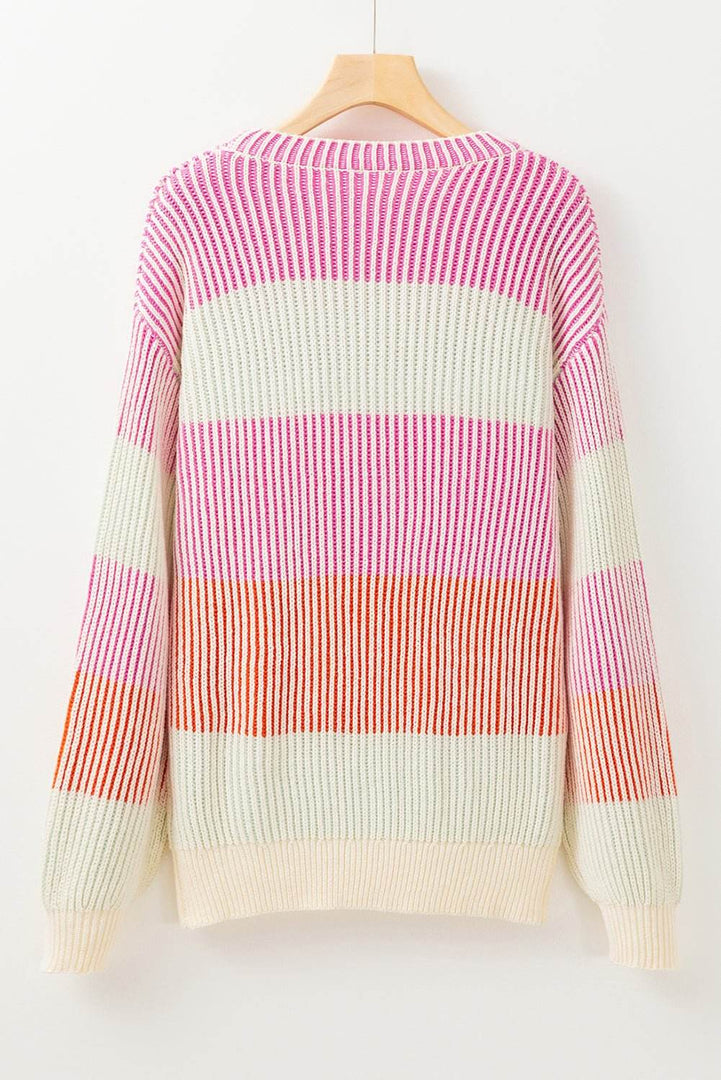 Pink Colorblock Textured Knit Bubble Sleeve Sweater - Fashion Queen -  6