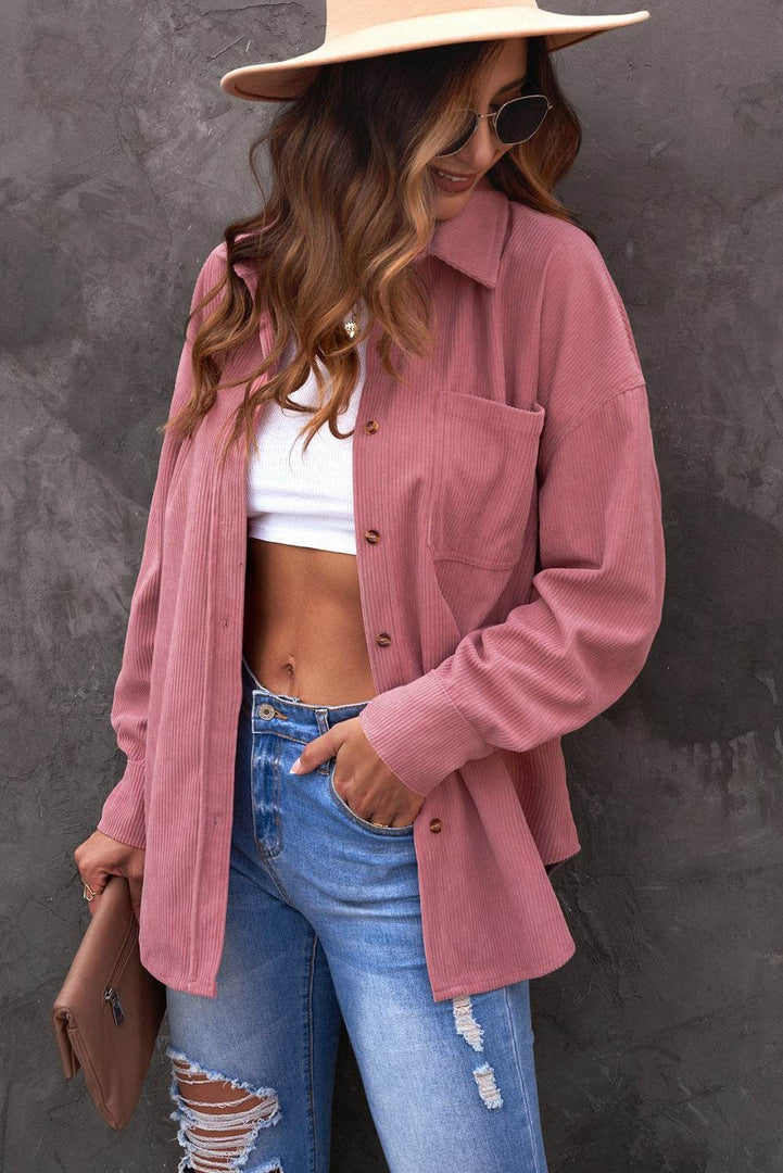 Pink Corduroy Button Pocket Shirt - Fashion Queen -  3