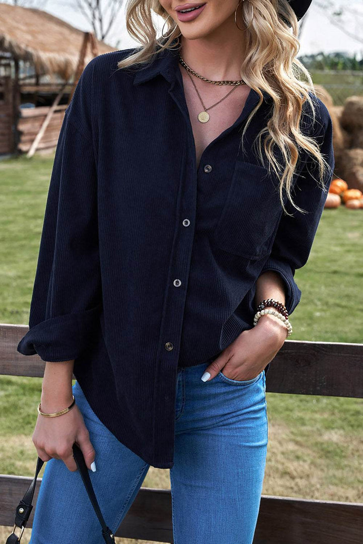 Pink Corduroy Button Pocket Shirt - Fashion Queen -  4