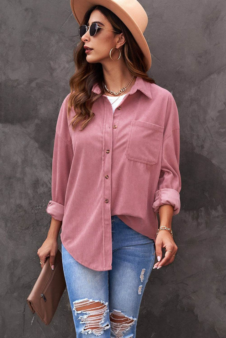 Pink Corduroy Button Pocket Shirt - Fashion Queen -  7