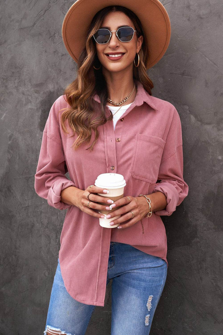 Pink Corduroy Button Pocket Shirt - Fashion Queen -  8
