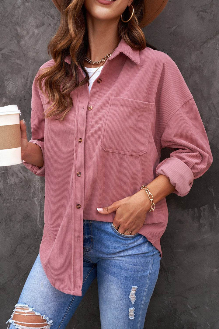 Pink Corduroy Button Pocket Shirt - Fashion Queen -  9