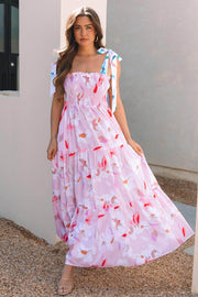 Pink Floral Print Knotted Shoulder Smocked Maxi Dress - Fashion Queen -  1
