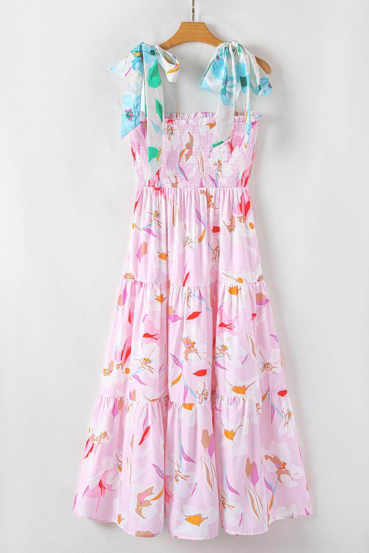 Pink Floral Print Knotted Shoulder Smocked Maxi Dress - Fashion Queen -  13