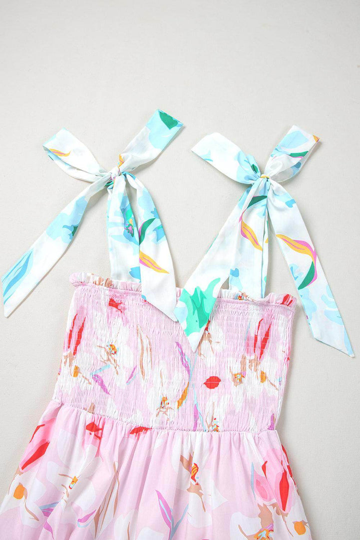 Pink Floral Print Knotted Shoulder Smocked Maxi Dress - Fashion Queen -  16