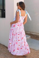 Load image into Gallery viewer, Pink Floral Print Knotted Shoulder Smocked Maxi Dress - Fashion Queen -  2
