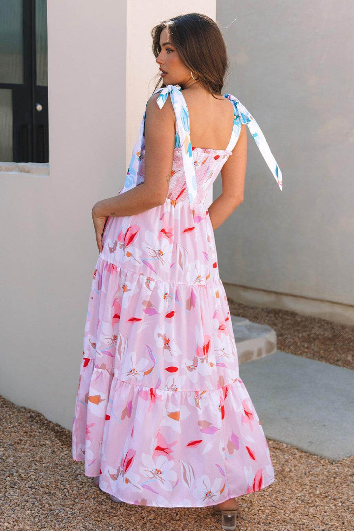 Pink Floral Print Knotted Shoulder Smocked Maxi Dress - Fashion Queen -  2