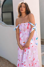 Load image into Gallery viewer, Pink Floral Print Knotted Shoulder Smocked Maxi Dress - Fashion Queen -  6
