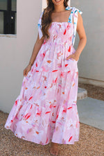 Load image into Gallery viewer, Pink Floral Print Knotted Shoulder Smocked Maxi Dress - Fashion Queen -  7
