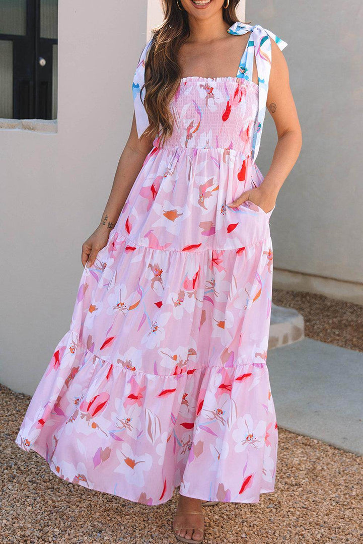 Pink Floral Print Knotted Shoulder Smocked Maxi Dress - Fashion Queen -  7