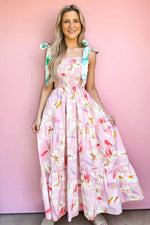 Load image into Gallery viewer, Pink Floral Print Knotted Shoulder Smocked Maxi Dress - Fashion Queen -  9
