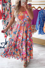 Load image into Gallery viewer, Pink Floral Print Sleeveless Ruffle Tiered Maxi Dress - Fashion Queen -  1
