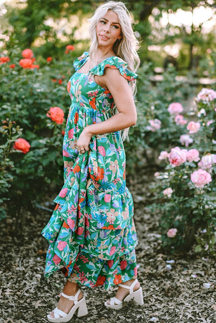 Pink Floral Print Sleeveless Ruffle Tiered Maxi Dress - Fashion Queen -  15