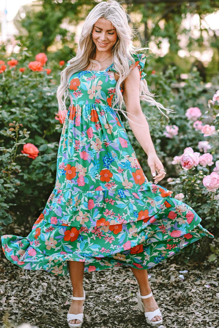 Pink Floral Print Sleeveless Ruffle Tiered Maxi Dress - Fashion Queen -  17