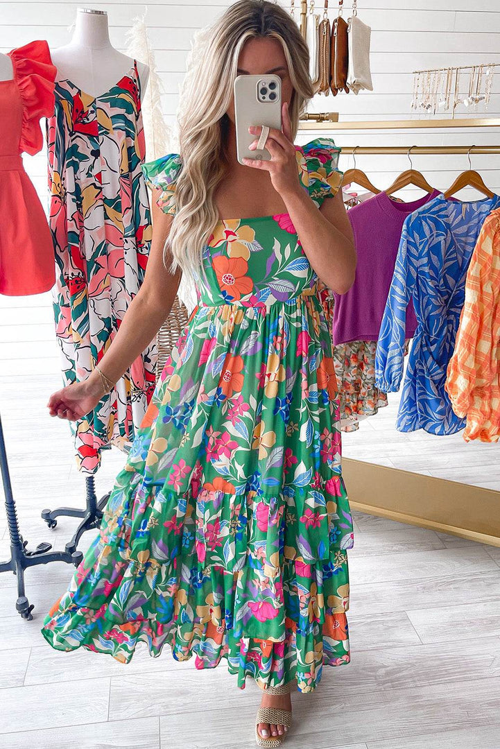 Pink Floral Print Sleeveless Ruffle Tiered Maxi Dress - Fashion Queen -  25