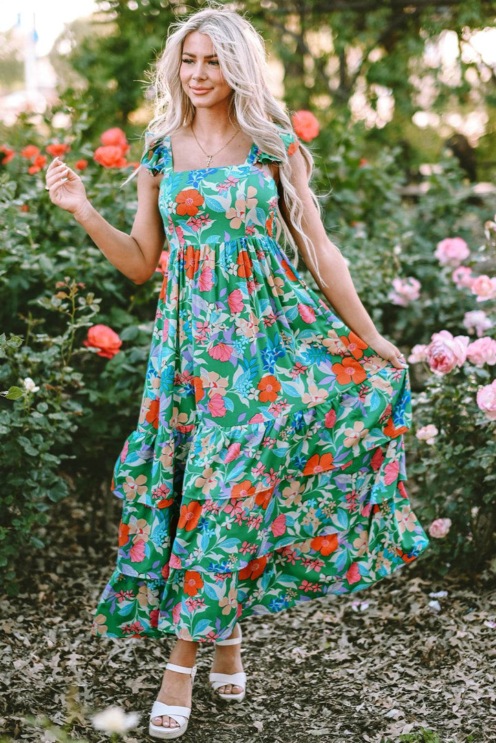 Pink Floral Print Sleeveless Ruffle Tiered Maxi Dress - Fashion Queen -  5