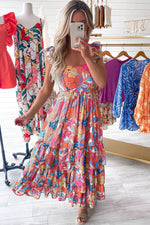 Load image into Gallery viewer, Pink Floral Print Sleeveless Ruffle Tiered Maxi Dress - Fashion Queen -  7
