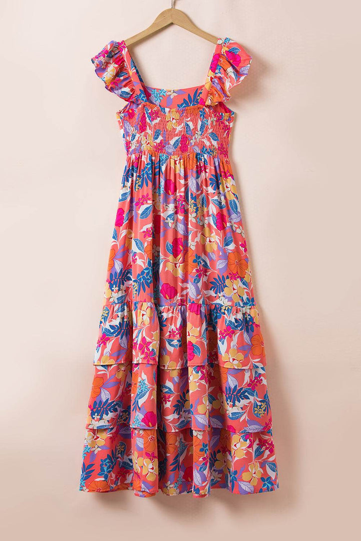 Pink Floral Print Sleeveless Ruffle Tiered Maxi Dress - Fashion Queen -  9
