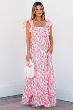 Load image into Gallery viewer, Pink Floral Print Square Neck Ruffled Strap Maxi Dress - Fashion Queen -  1
