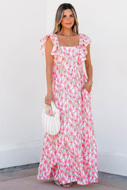 Pink Floral Print Square Neck Ruffled Strap Maxi Dress - Fashion Queen -  1