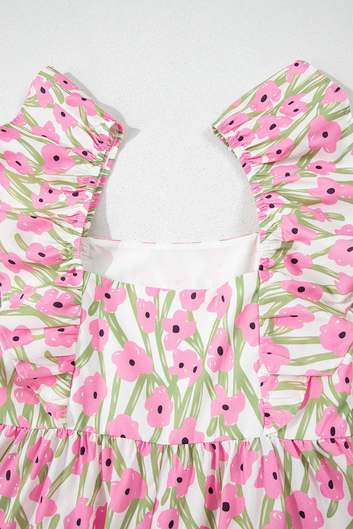 Pink Floral Print Square Neck Ruffled Strap Maxi Dress - Fashion Queen -  10