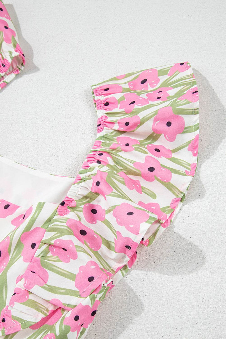 Pink Floral Print Square Neck Ruffled Strap Maxi Dress - Fashion Queen -  11
