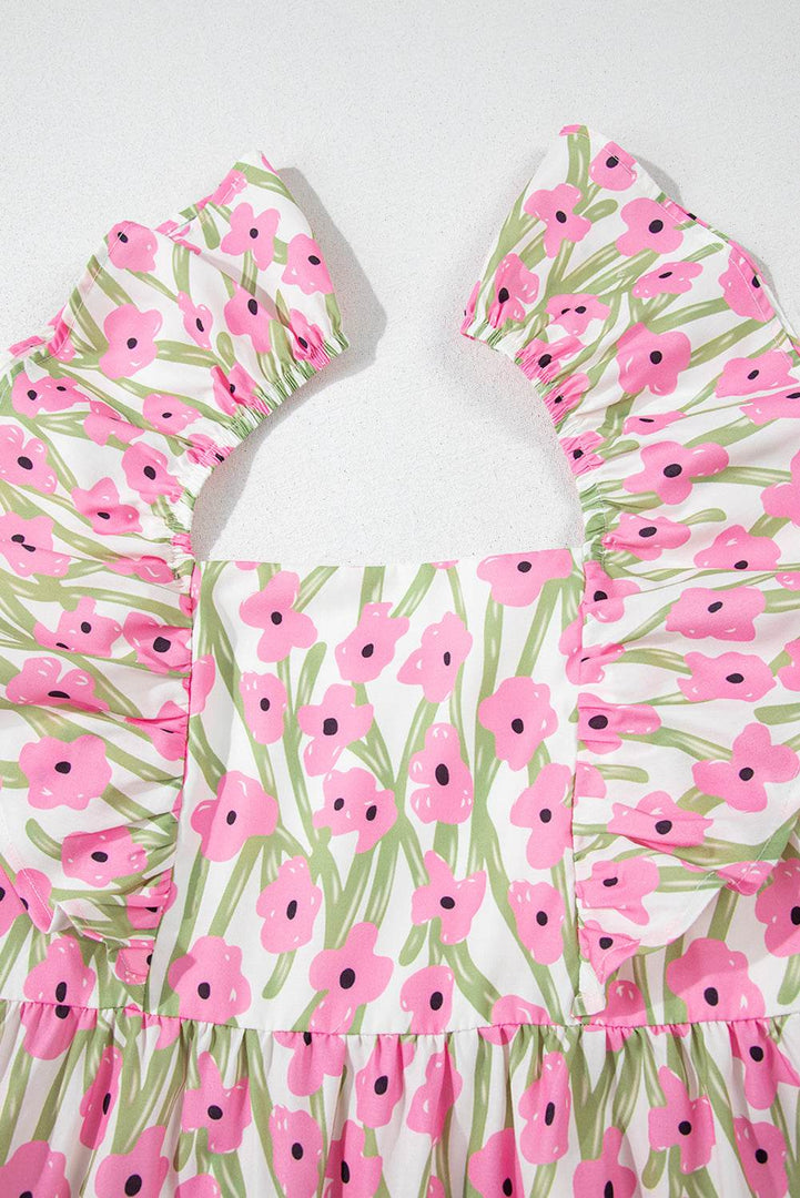 Pink Floral Print Square Neck Ruffled Strap Maxi Dress - Fashion Queen -  14