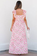 Load image into Gallery viewer, Pink Floral Print Square Neck Ruffled Strap Maxi Dress - Fashion Queen -  2

