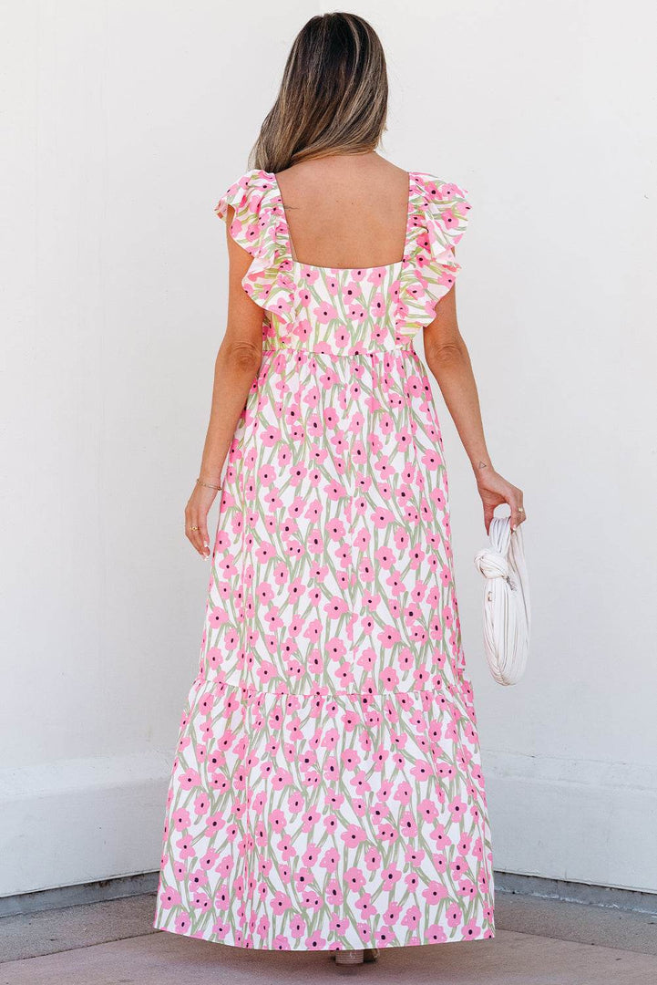 Pink Floral Print Square Neck Ruffled Strap Maxi Dress - Fashion Queen -  2