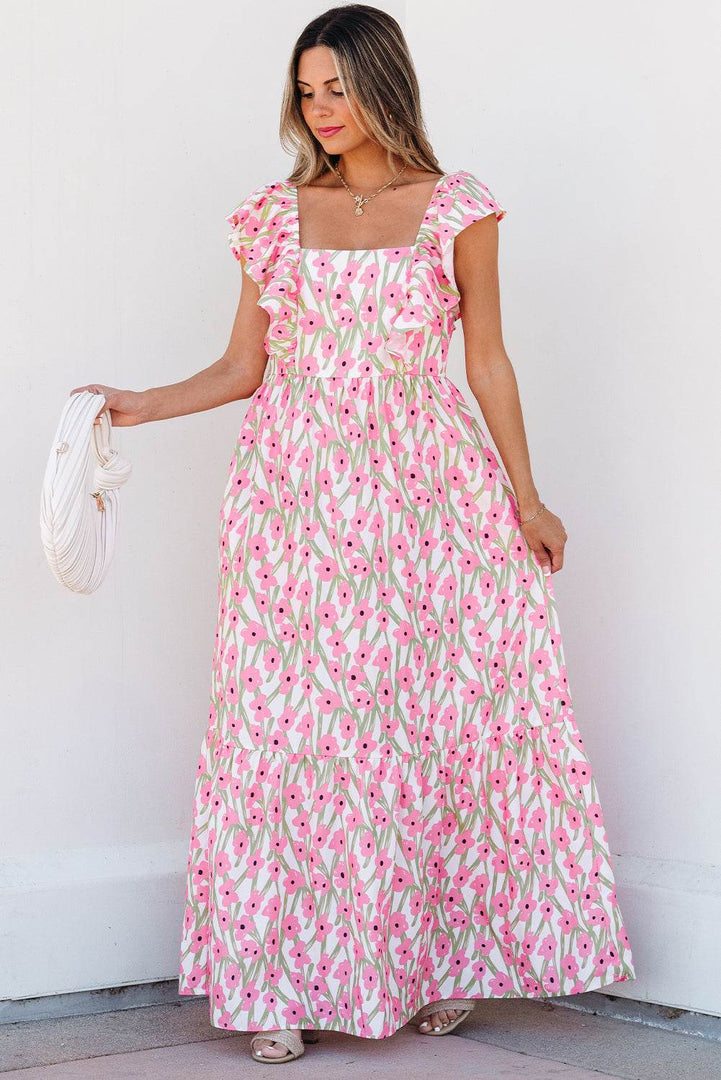 Pink Floral Print Square Neck Ruffled Strap Maxi Dress - Fashion Queen -  3