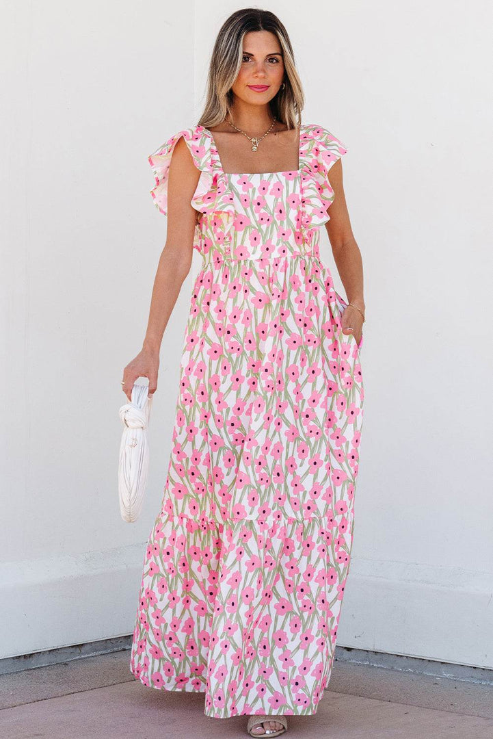 Pink Floral Print Square Neck Ruffled Strap Maxi Dress - Fashion Queen -  4