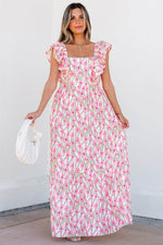 Load image into Gallery viewer, Pink Floral Print Square Neck Ruffled Strap Maxi Dress - Fashion Queen -  5
