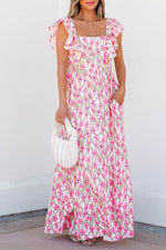 Load image into Gallery viewer, Pink Floral Print Square Neck Ruffled Strap Maxi Dress - Fashion Queen -  6
