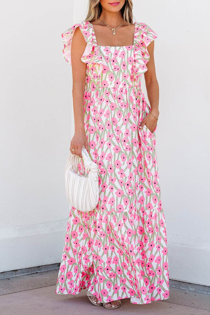 Pink Floral Print Square Neck Ruffled Strap Maxi Dress - Fashion Queen -  6