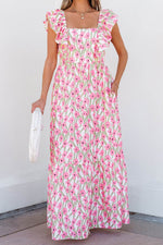 Load image into Gallery viewer, Pink Floral Print Square Neck Ruffled Strap Maxi Dress - Fashion Queen -  7
