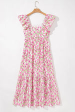 Load image into Gallery viewer, Pink Floral Print Square Neck Ruffled Strap Maxi Dress - Fashion Queen -  9

