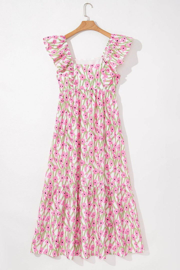 Pink Floral Print Square Neck Ruffled Strap Maxi Dress - Fashion Queen -  9
