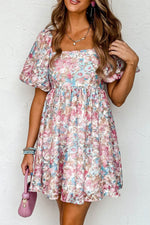 Load image into Gallery viewer, Pink Floral Puff Sleeve Square Neck Smock Ruffled Dress - Fashion Queen -  1
