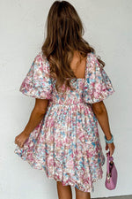 Load image into Gallery viewer, Pink Floral Puff Sleeve Square Neck Smock Ruffled Dress - Fashion Queen -  2
