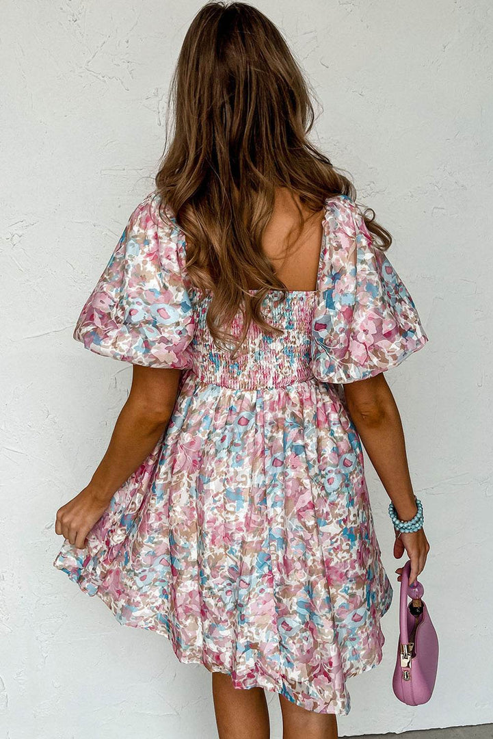 Pink Floral Puff Sleeve Square Neck Smock Ruffled Dress - Fashion Queen -  2